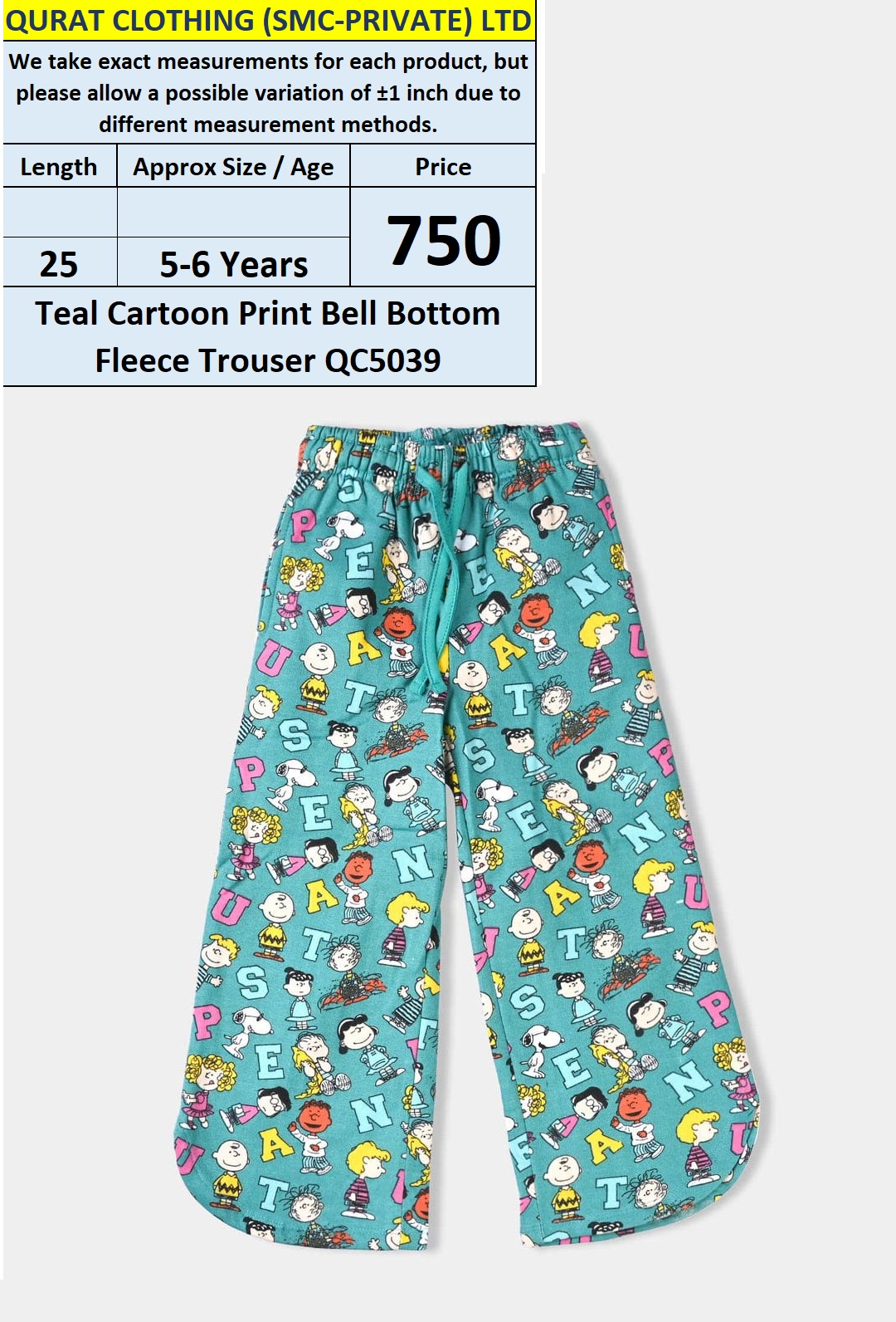 Teal Cartoon Print Bell Bottom Fleece Trouser QC5039