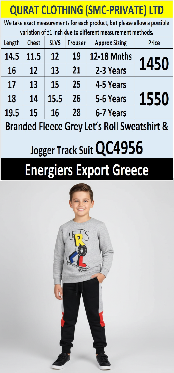 Energiers Grey “LET’S ROLL” Branded Fleece Sweatshirt & Jogger Track Suit QC4956 – Export Greece