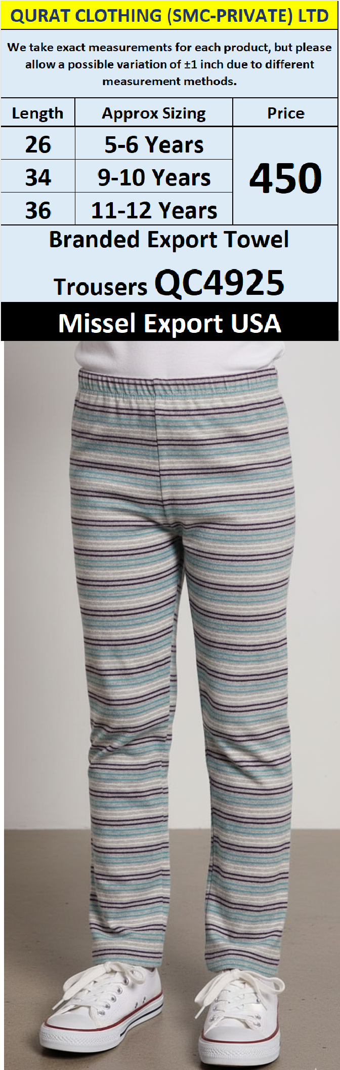 Missel QC4925 Kids Striped Towel Fabric Trousers – Grey with Blue & Black Stripes | USA Export