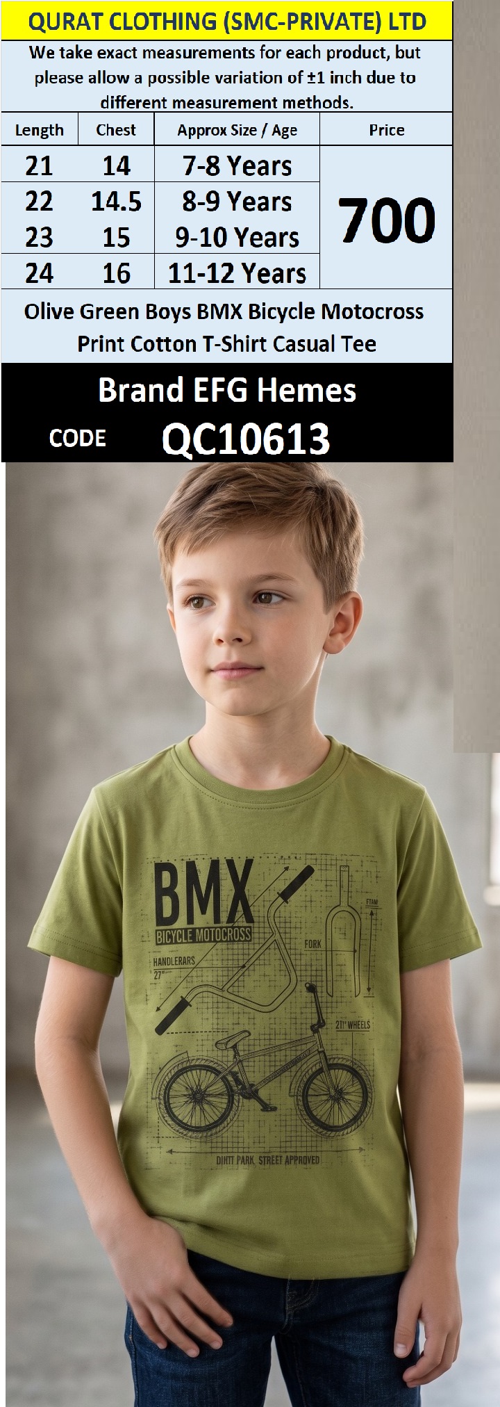 Olive Green Boys BMX Bicycle Motocross Print Cotton T-Shirt Casual Tee QC10613