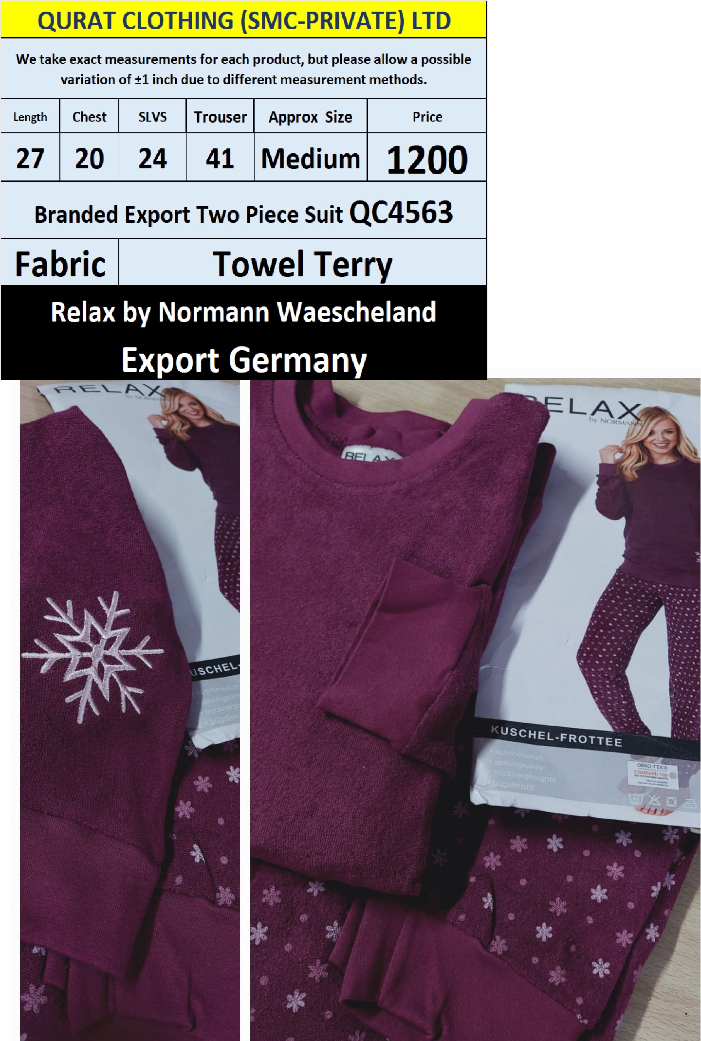 Relax by Normann Waescheland Branded Two Piece Suits QC4563 Export Germany