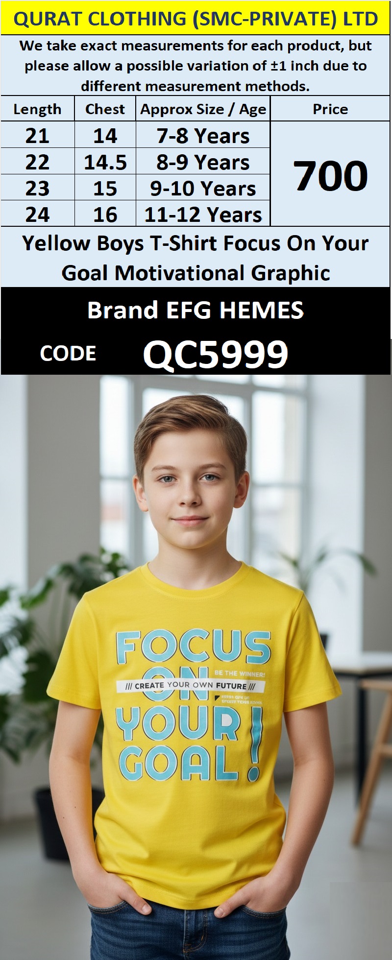 Yellow Cotton-Blend Boys T-Shirt FOCUS ON YOUR GOAL Motivational Graphic Print – Kids Graphic Tee – QC5999