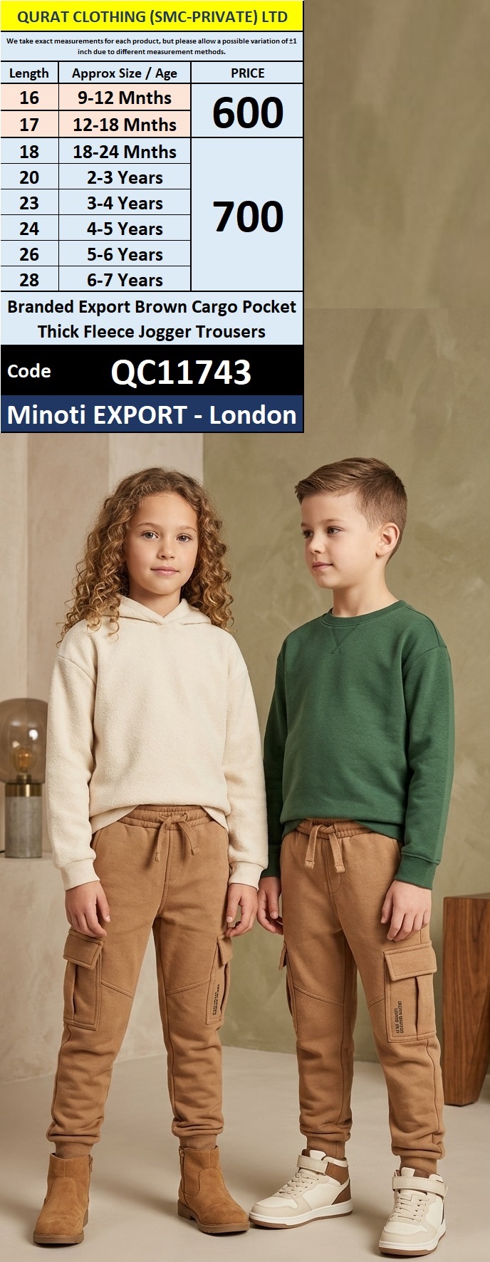 Branded Export Brown Cargo Pocket Thick Fleece Jogger Trousers - 11743 - Export London