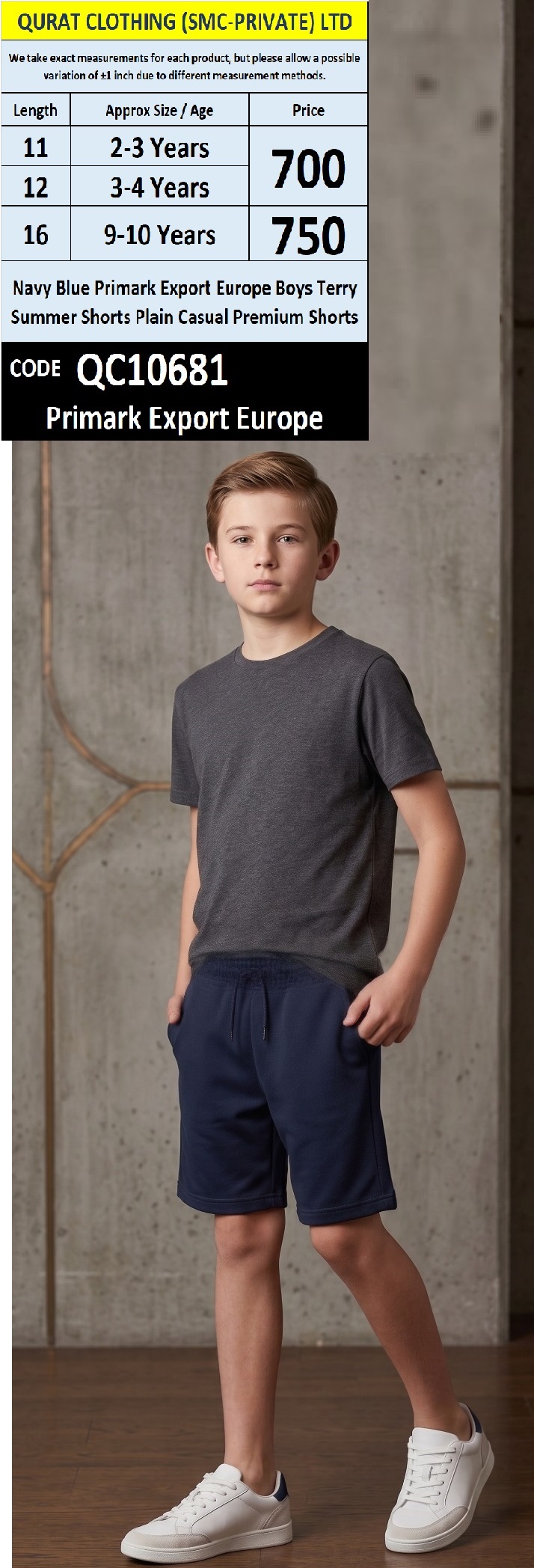 Navy Blue Primark Export Europe Boys Terry Summer Shorts Plain Casual Premium Shorts QC10681