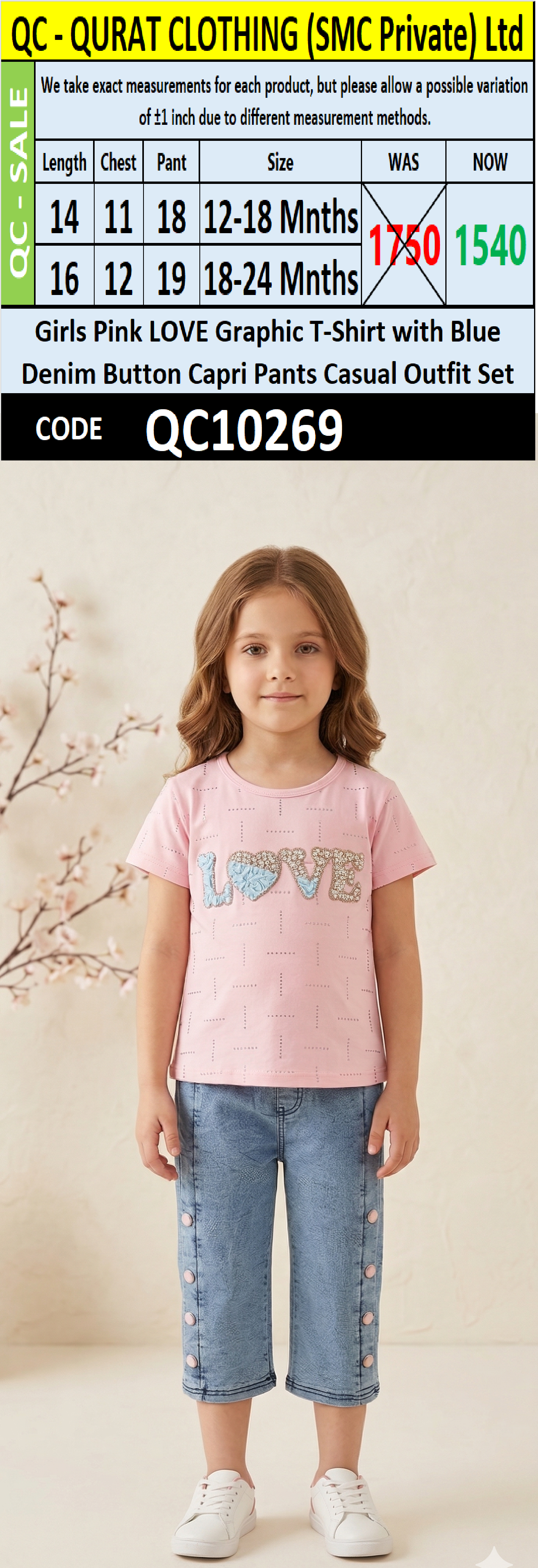 Girls Pink LOVE Graphic T-Shirt with Blue Denim Button Capri Pants Casual Outfit Set -  QC10269 - QC10269