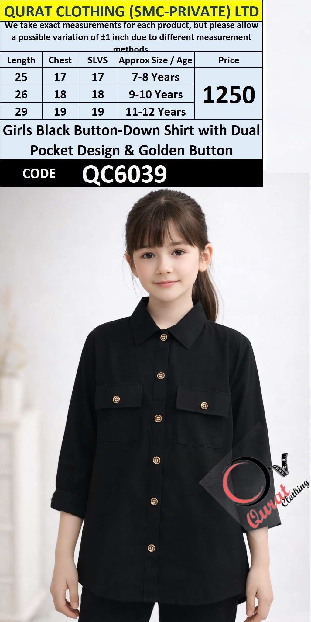 Girls Black Button-Down Shirt with Dual Pocket Design & Golden Buttons – QC6039