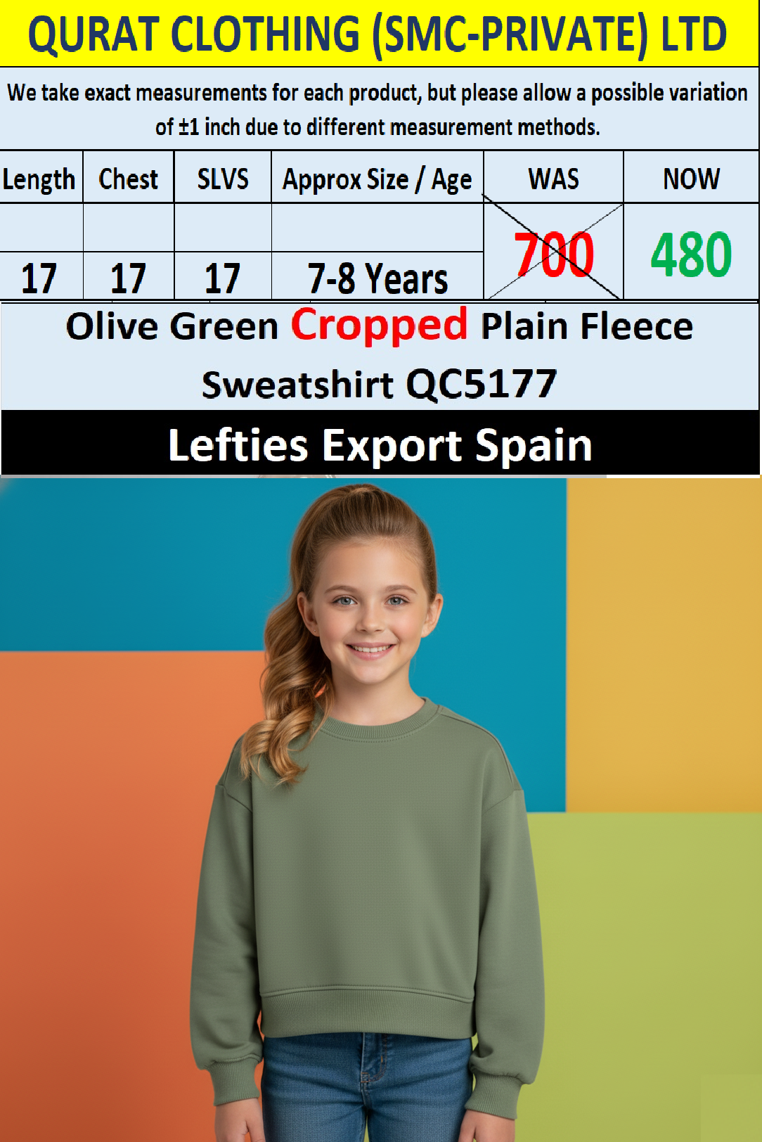 Lefties Brand Olive Green Cropped Plain Fleece Sweatshirt QC5177 – Export Spain