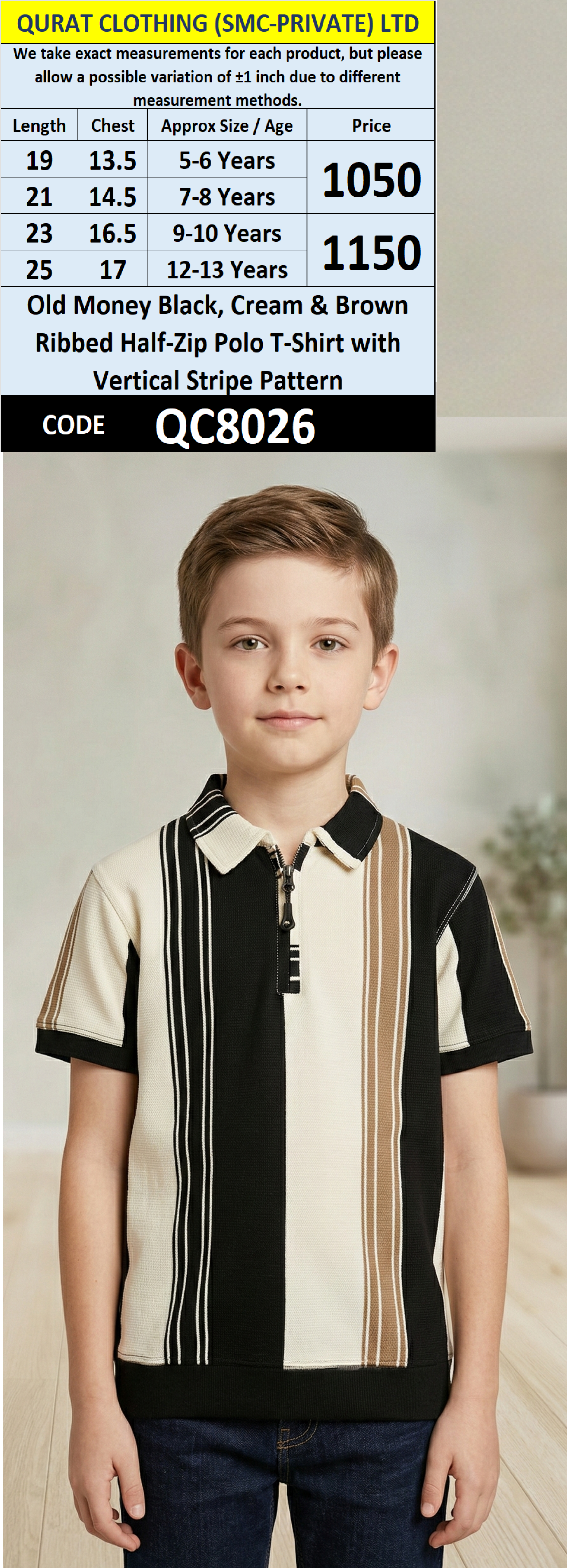 Old Money Black, Cream & Brown Ribbed Half-Zip Polo T-Shirt with Vertical Stripe Pattern – QC8026