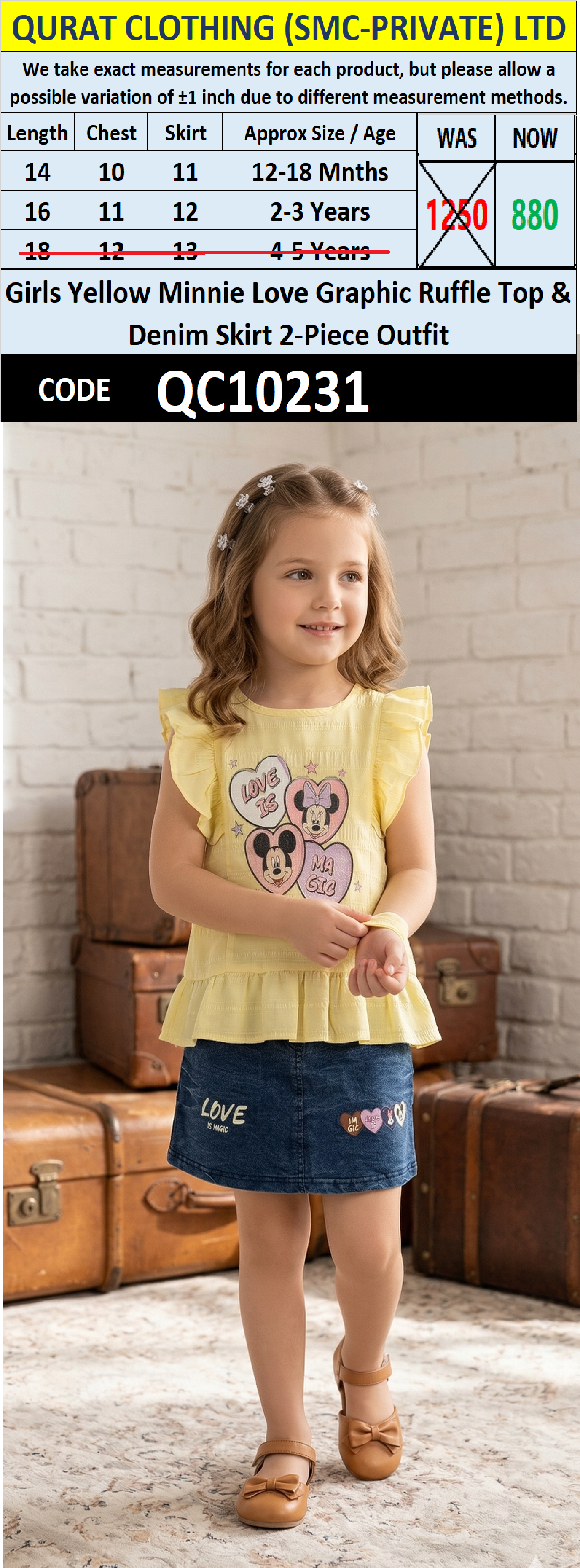 Girls Yellow Minnie Love Graphic Ruffle Top & Denim Skirt 2-Piece Outfit – QC10231