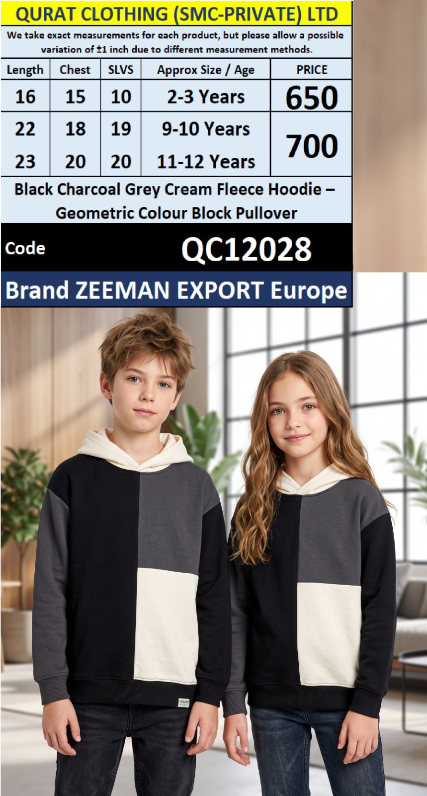 Black Charcoal Grey Cream Fleece Hoodie – Geometric Colour Block Pullover – Zeeman Export Europe – QC12028