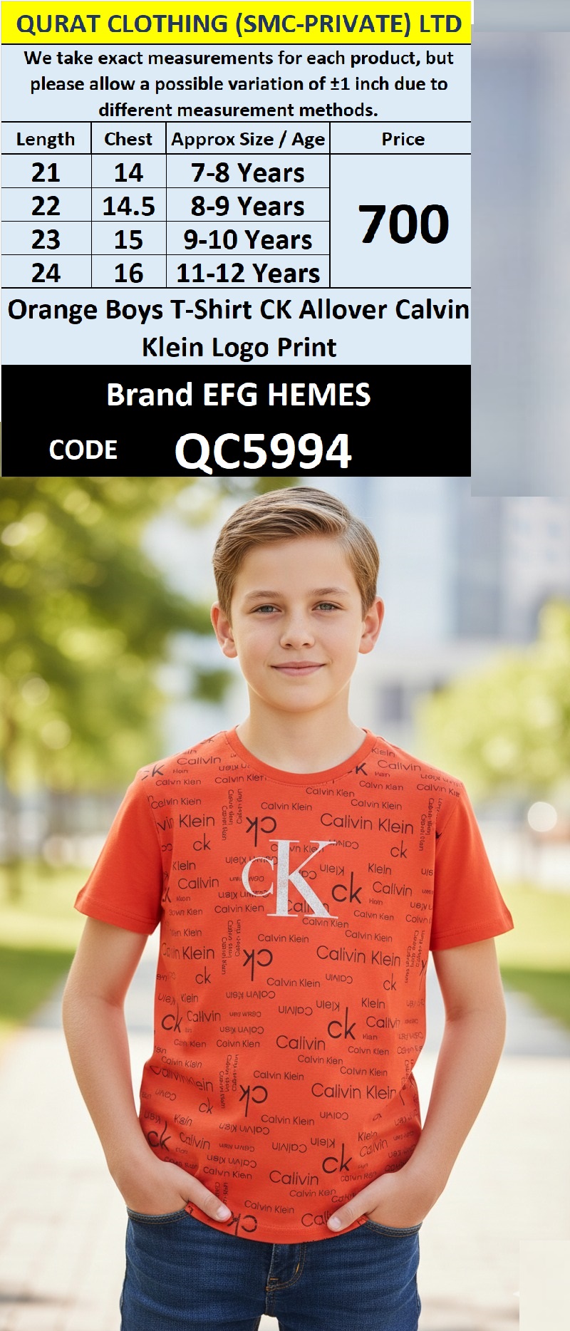 Orange Cotton-Blend Boys T-Shirt CK Allover Calvin Klein Logo Print – Kids Tee – QC5994