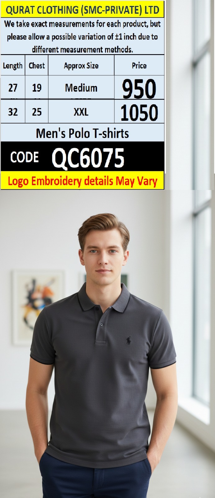Charcoal Grey Cotton Piqué Polo T-Shirt Embroidered Chest Logo Premium Collar – QC6075