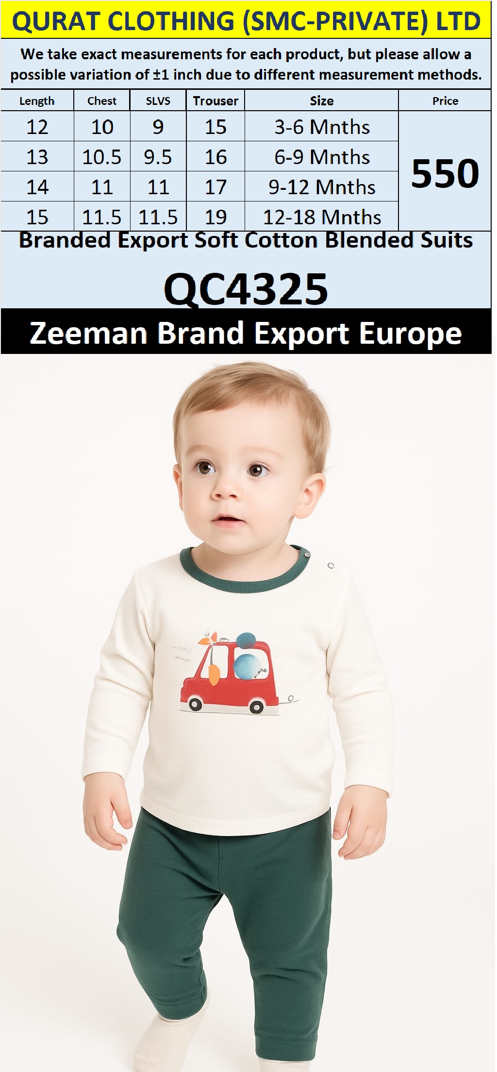 Zeeman Brand Unisex Soft Cotton Blended Suits QC4325 Export Europe 
