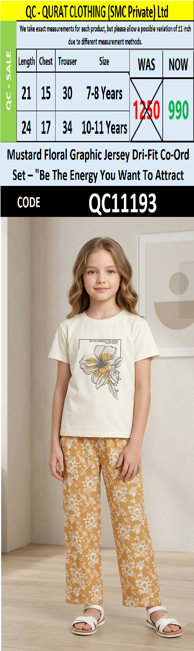 Mustard Girls Floral Graphic Printed Jersey Dri-Fit Co-Ord Set – "Be The Energy You Want To Attract" QC11193