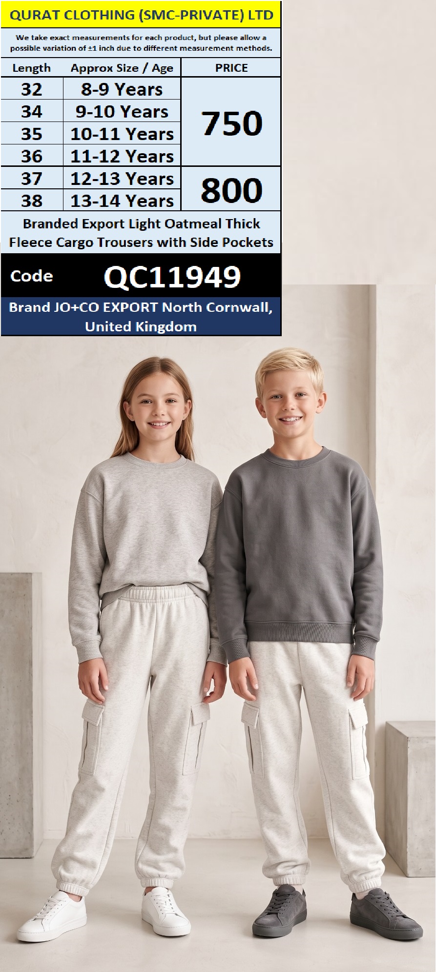 JO+CO Export United Kingdom Branded Export Light Oatmeal Thick Fleece Cargo Trousers with Side Pockets – QC11949