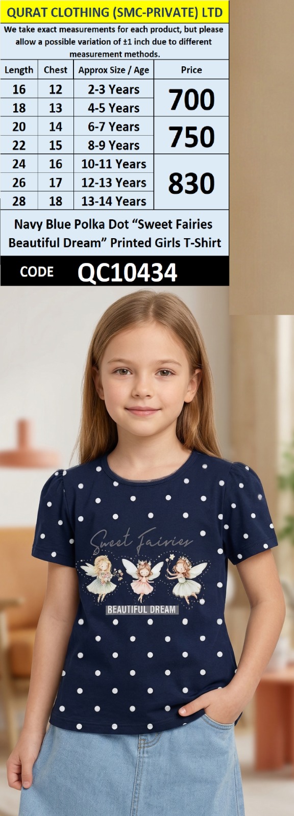 Navy Blue Polka Dot “Sweet Fairies Beautiful Dream” Printed Girls T-Shirt QC10434