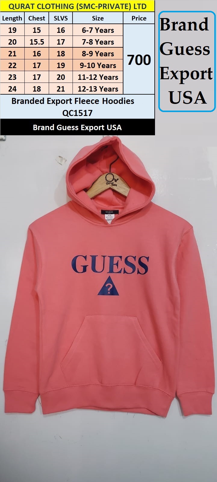 Guess Brand Pink Fleece Hoodie QC1517 Export USA