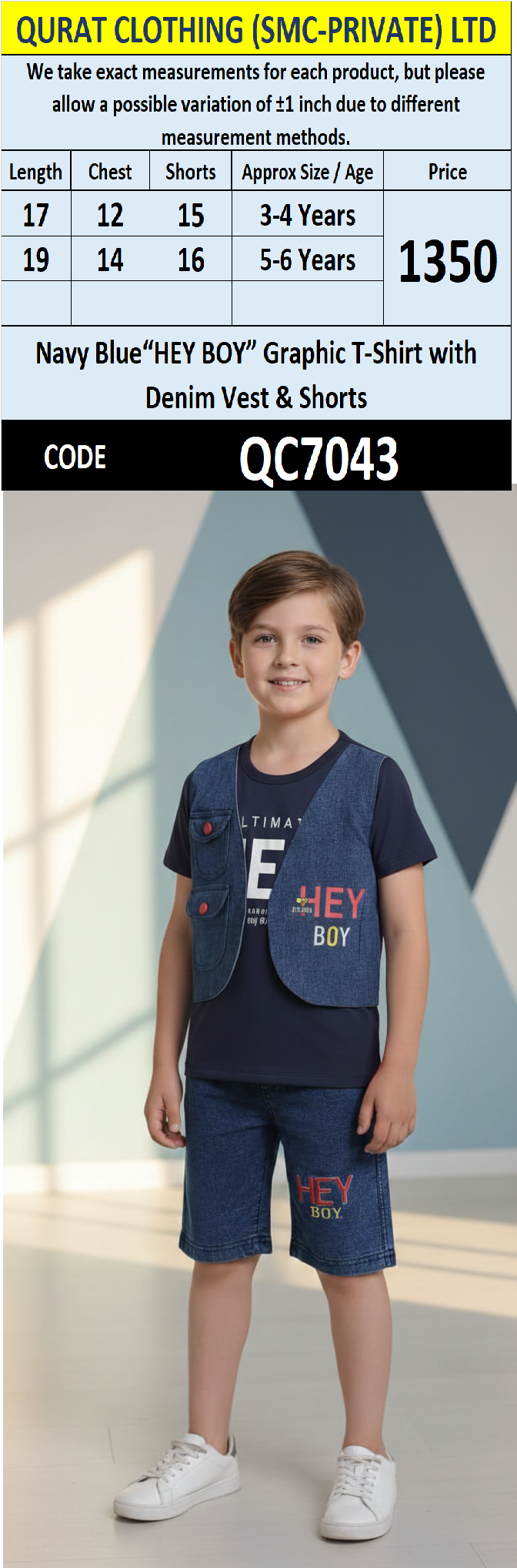 Navy Blue “HEY BOY” Graphic T-Shirt with Denim Vest & Shorts Boys 2-Piece Set QC7043