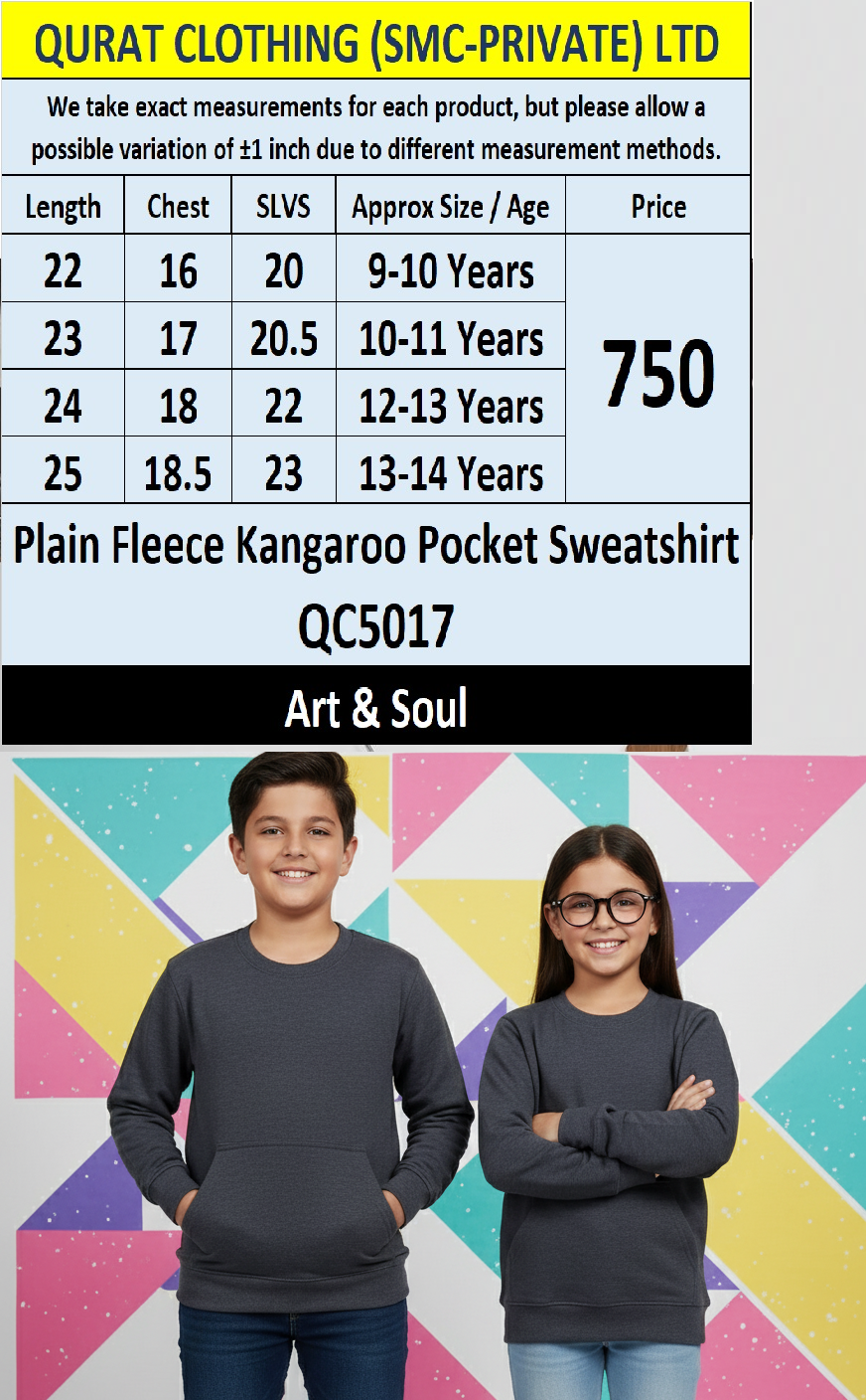 Art & Soul Plain Fleece Kangaroo Pocket Sweatshirt QC5017 