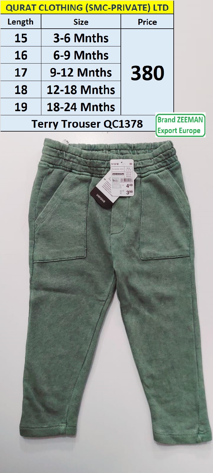 Zeeman Brand Terry Trouser QC1378 Export Europe