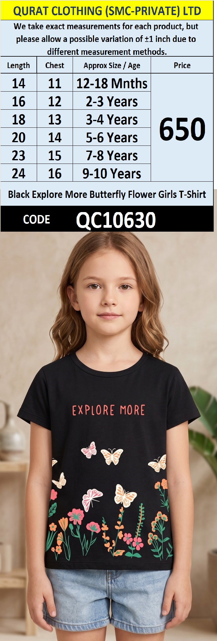 Black Explore More Butterfly Flower Girls T-Shirt QC10630