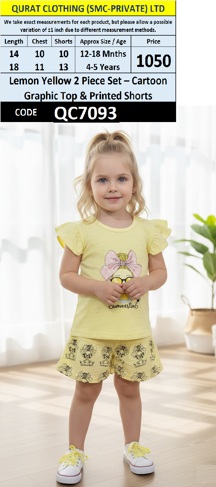 Lemon Yellow 2 Piece Set – Cartoon Graphic Top & Printed Shorts – QC7093
