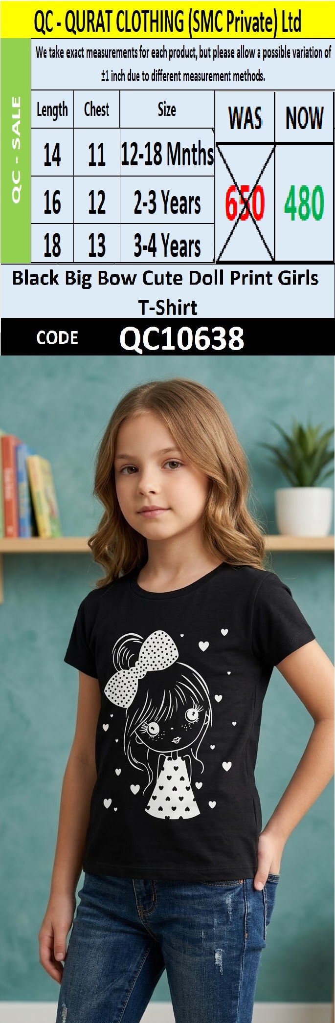 Black Big Bow Cute Doll Print Girls T-Shirt QC10638