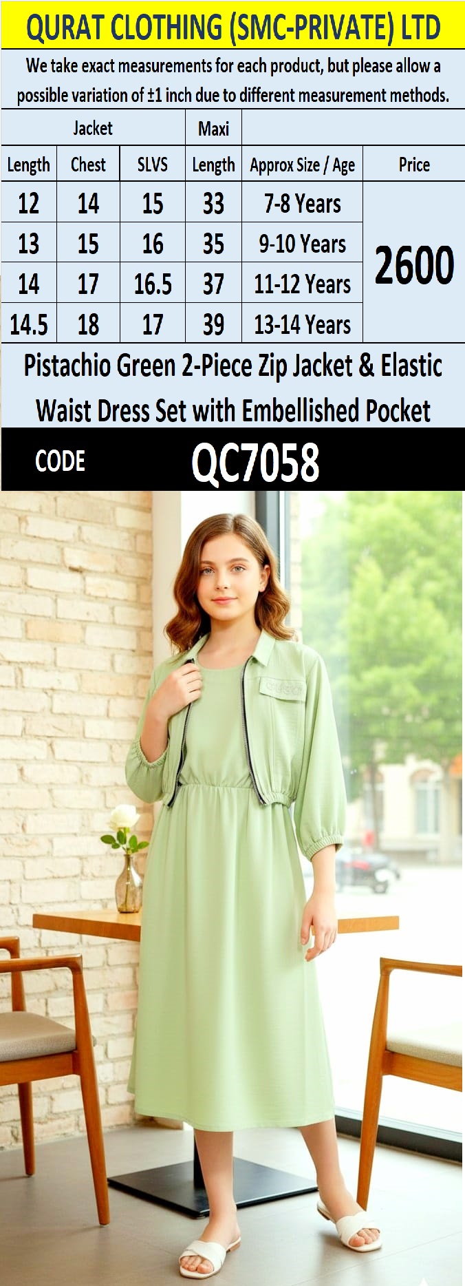 Pistachio Green Girls 2-Piece Zip Jacket & Elastic Waist Maxi Dress Set – Embellished Pocket Detail QC7058 - QC7058