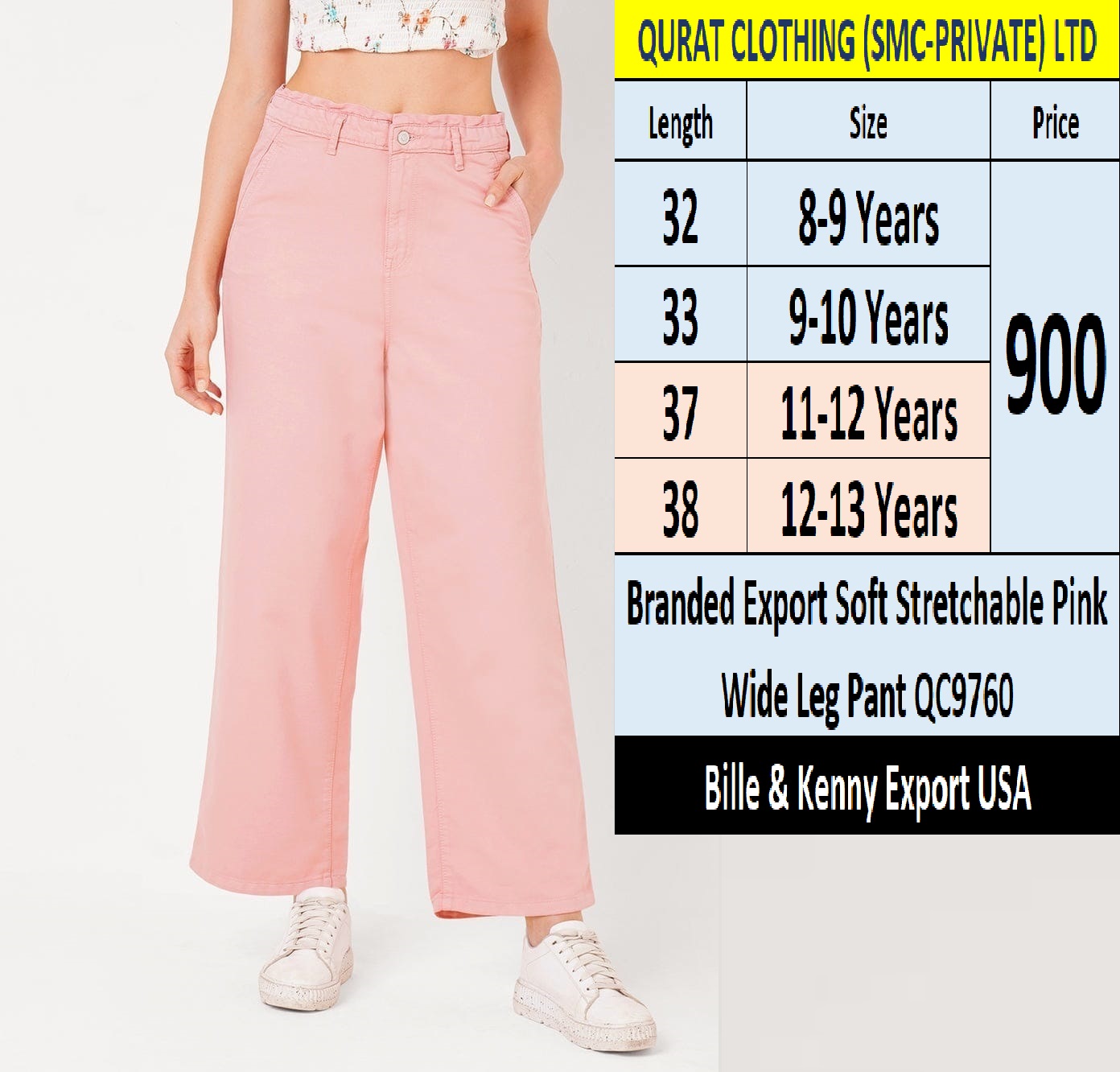 Bille & Kenny Brand Soft Stretchable Pink Wide Leg Pant QC9760 Export USA