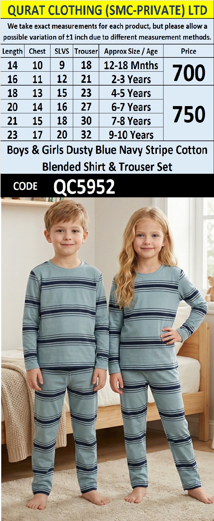 Kids Dusty Blue & Navy Striped Cotton Blended Two Piece Shirt & Trouser Set – QC5952