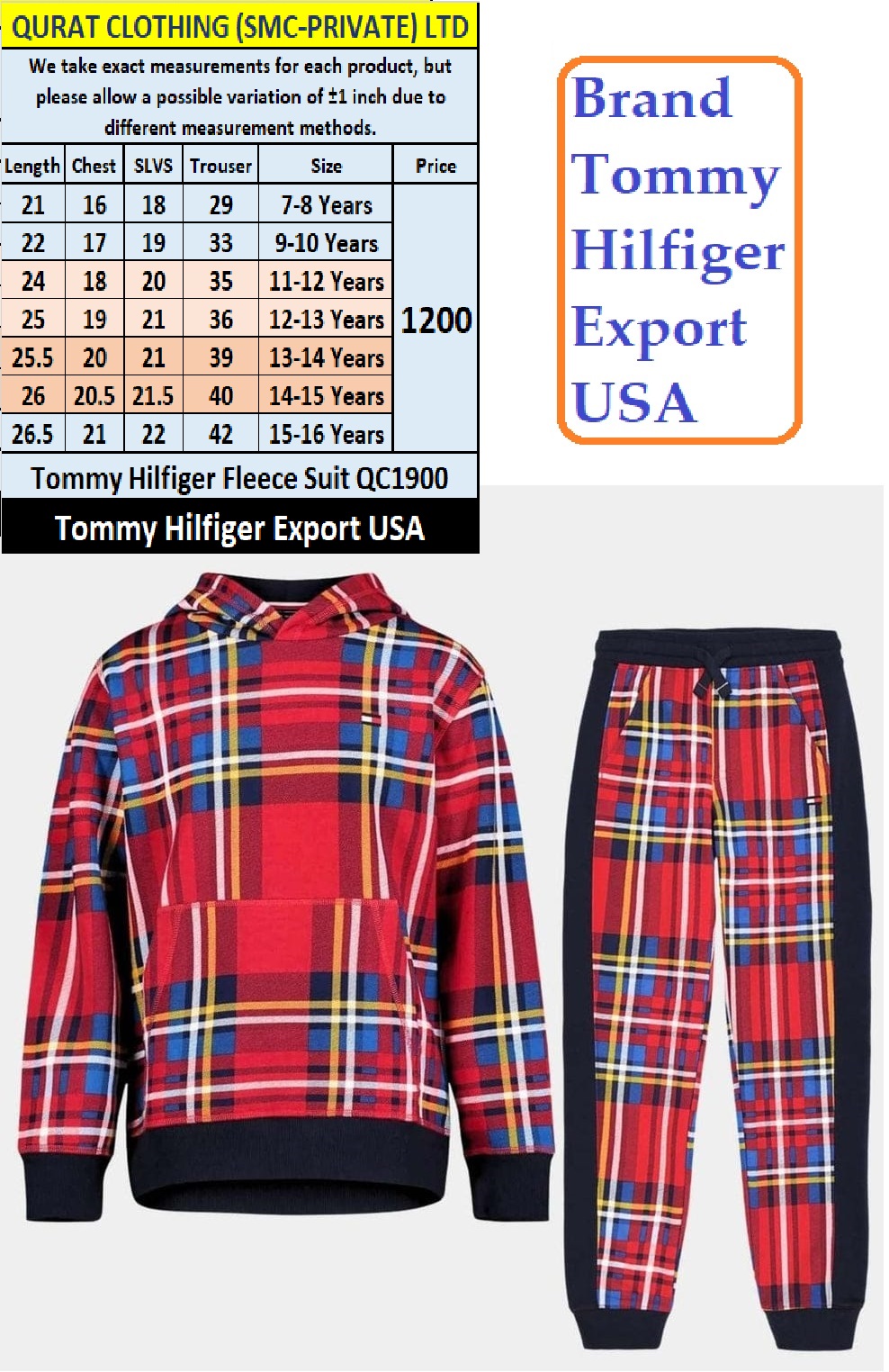 Tommy Hilfiger Brand Fleece Suit QC1900 Export USA