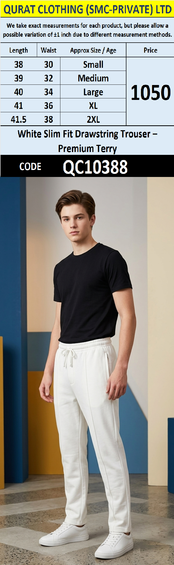 White Slim Fit Drawstring Trouser – Premium Terry QC10388