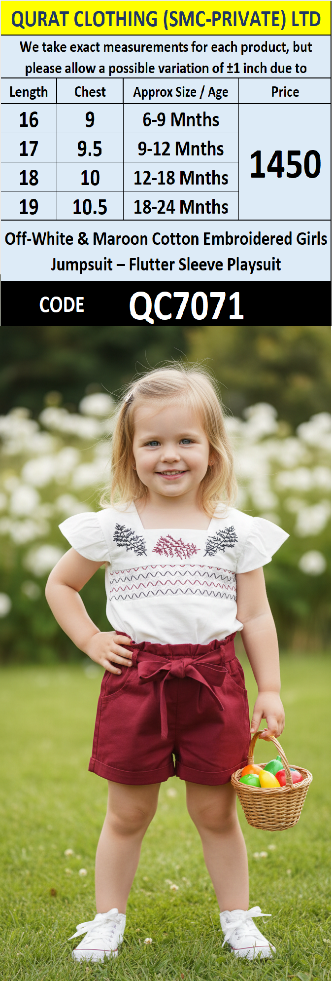 Off-White & Maroon Cotton Embroidered Girls Jumpsuit – Flutter Sleeve Playsuit QC7071 - QC7071