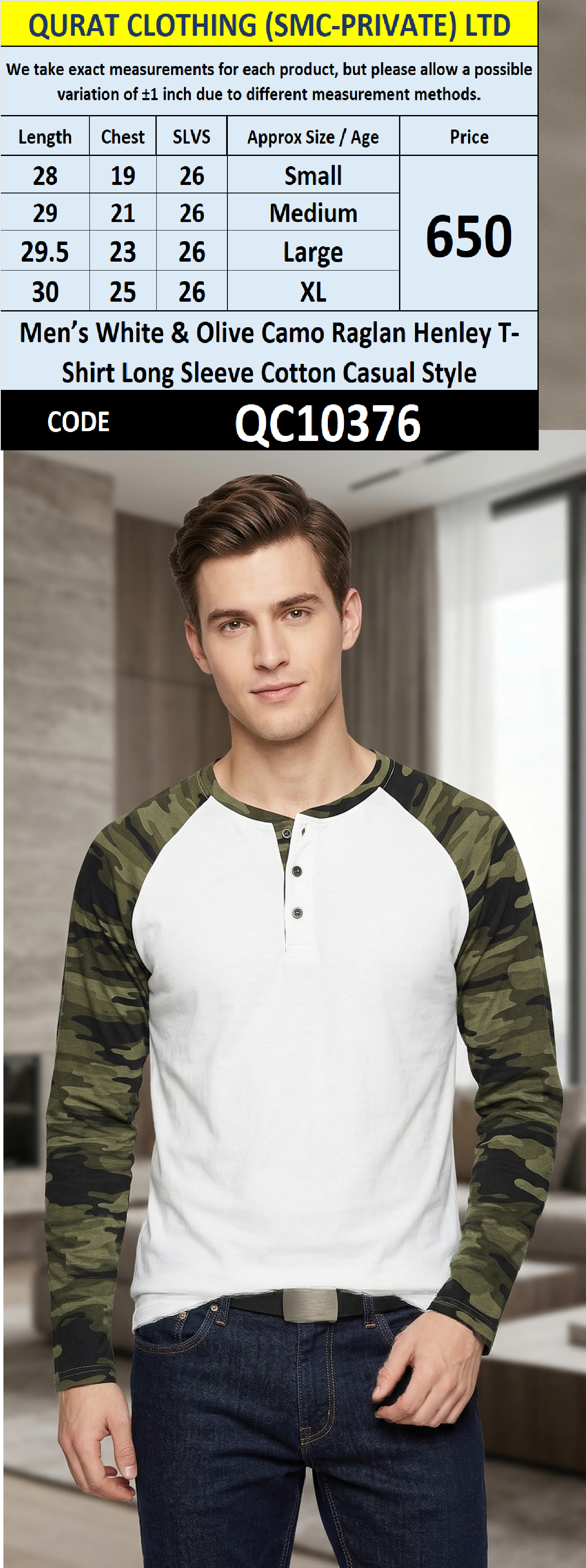 Men’s White & Olive Camo Raglan Henley T-Shirt Long Sleeve Cotton Casual Style QC10376