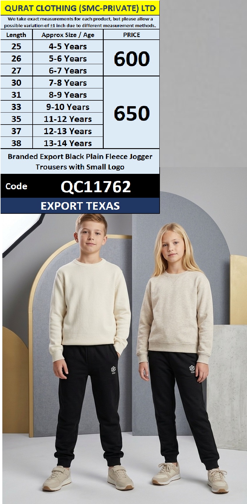 Branded Export Black Plain Fleece Jogger Trousers with Small Logo Export Texas QC11762