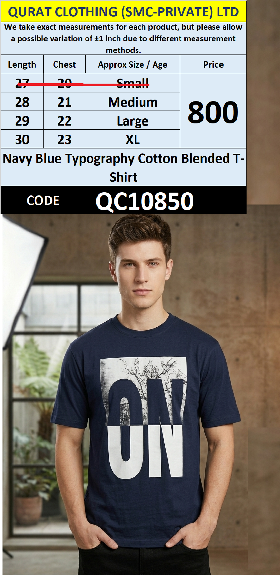 Navy Blue Typography Cotton Blended T-Shirt – QC10850
