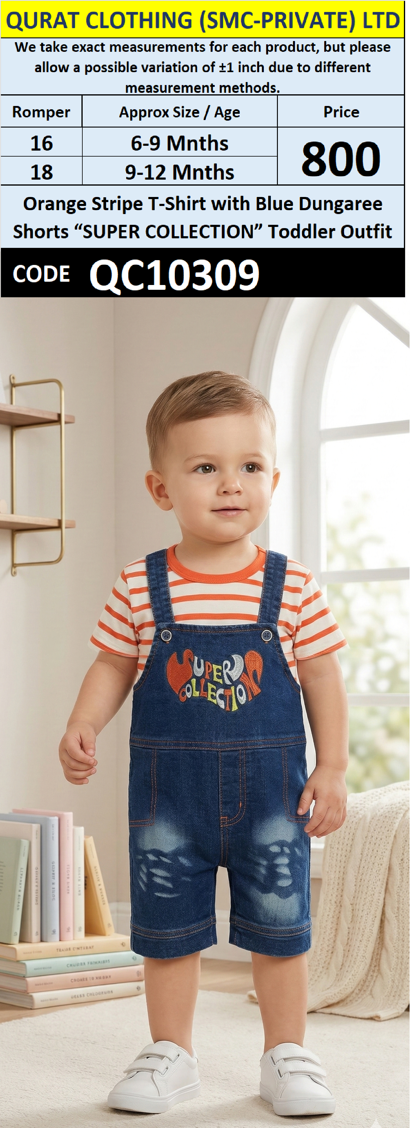 Orange Stripe T-Shirt with Blue Dungaree Shorts “SUPER COLLECTION” Toddler Outfit – QC10309