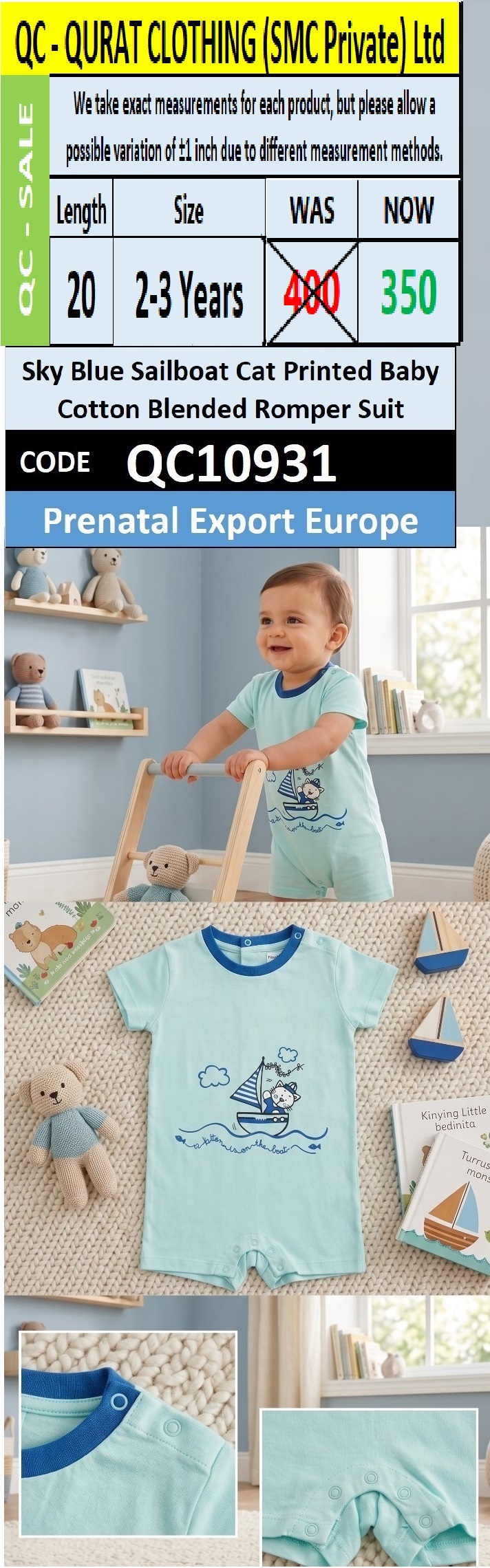 Prenatal Export Europe Sky Blue Sailboat Cat Printed Baby Cotton Blended Romper Suit QC10931