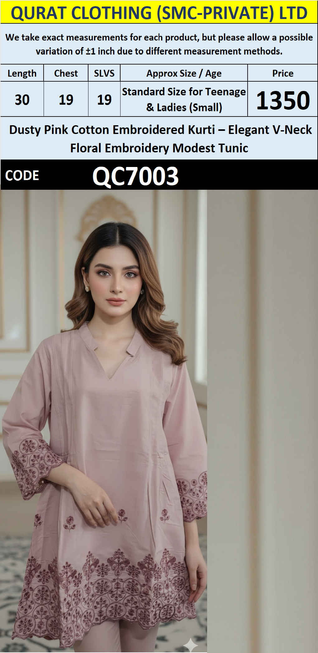 Dusty Pink Cotton Embroidered Kurti with V-Neck Floral Embroidery – Elegant Modest Tunic – QC7003