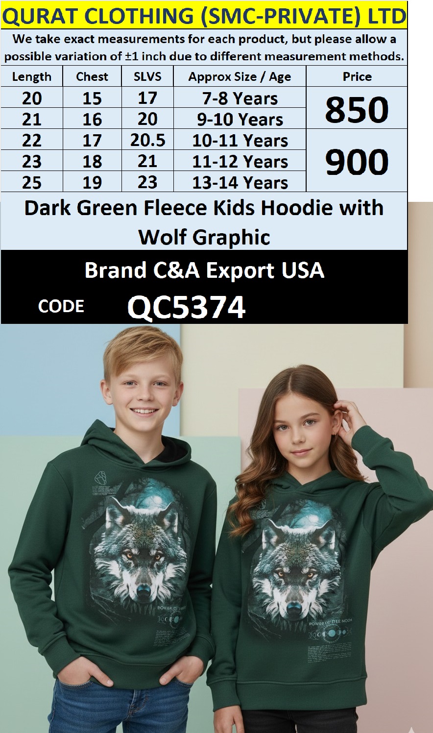 Dark Green Fleece Kids Hoodie Wolf Graphic QC5374 | C&A Export USA