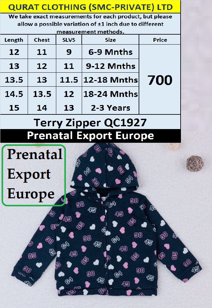 Prenatal Brand Terry Zipper QC1927 Export Europe