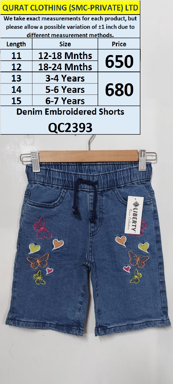 Light Blue Hearts Denim Embroidered Shorts QC2393