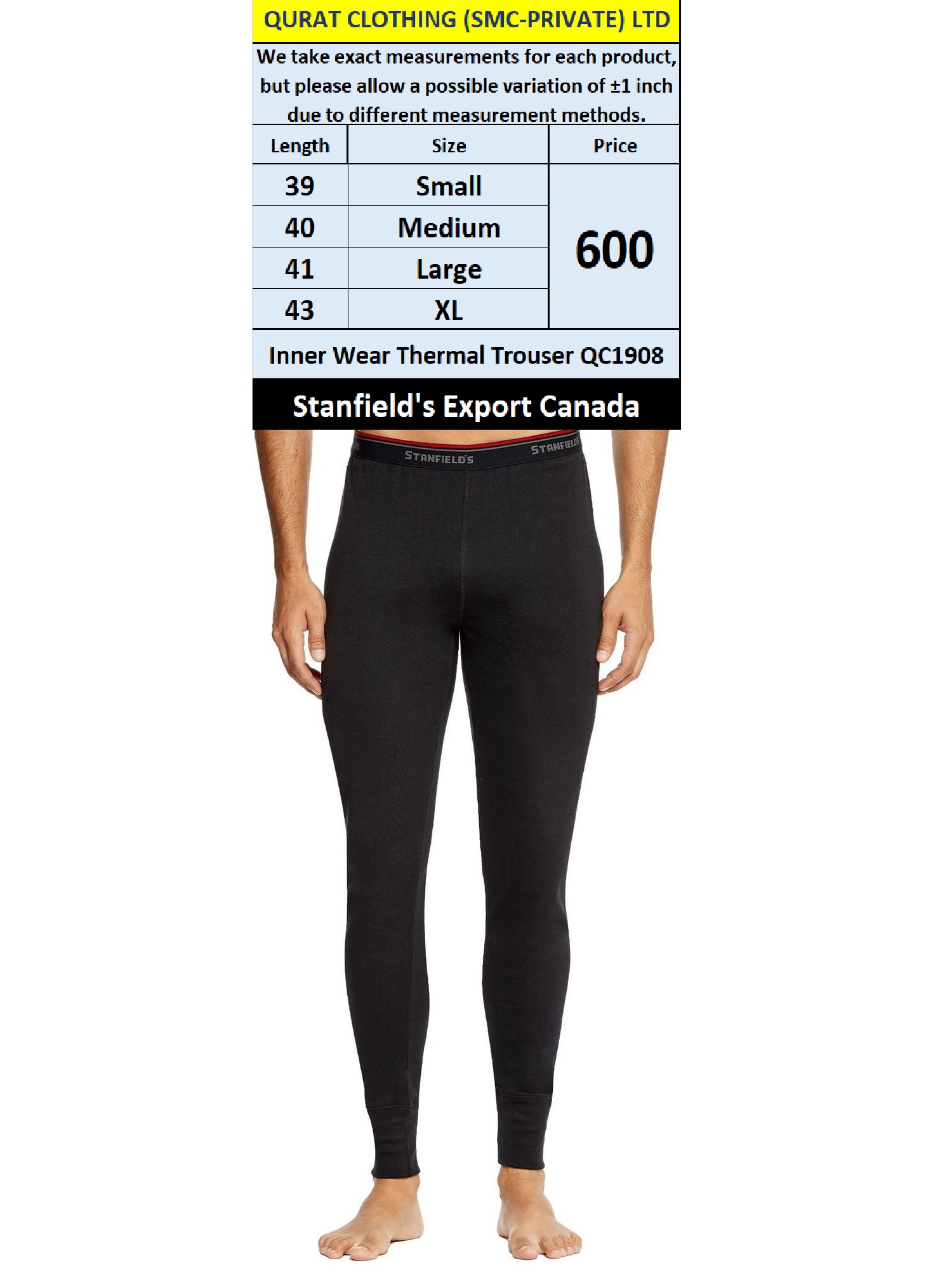 Stanfield's Thermal Inner Wear Trouser QC1908 Export Canada 