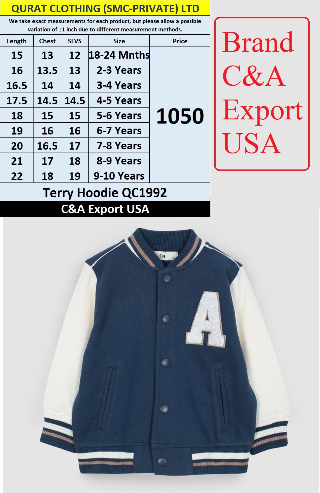 C&A Brand Terry Baseball Jacket QC1992 Export USA