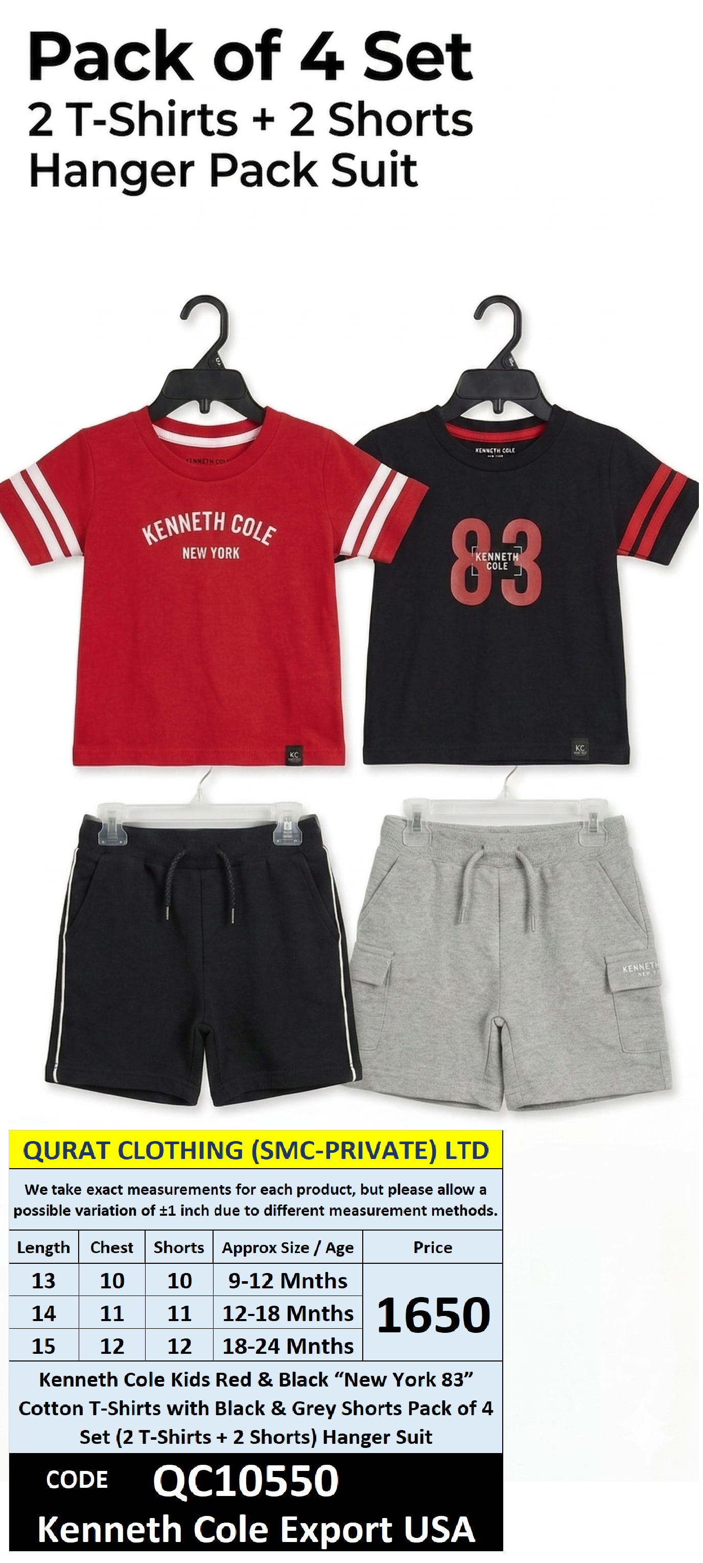 Kenneth Cole Kids Red & Black “New York 83” Cotton T-Shirts with Black & Grey Shorts Pack of 2 Set (2 T-Shirts + 2 Shorts) Hanger Suit Export USA QC10550 - QC10550