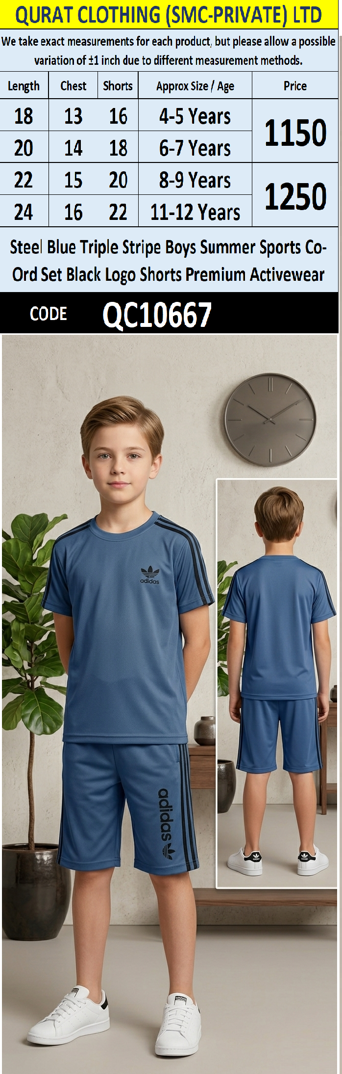 Steel Blue Triple Stripe Boys Summer Sports Co-Ord Set Black Logo Shorts Premium Activewear QC10667