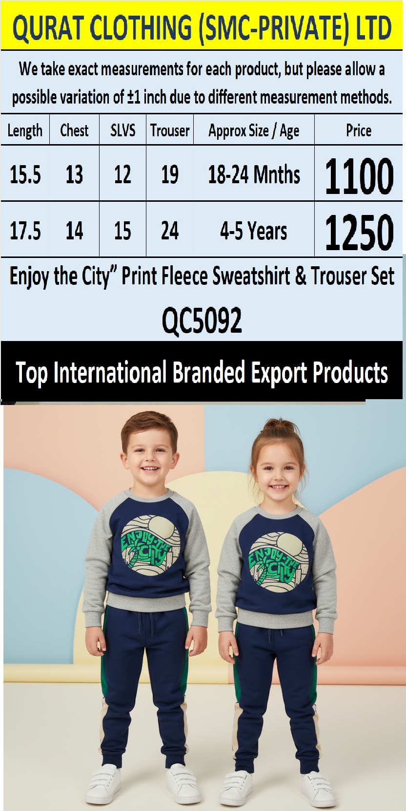 “Enjoy the City” Print Fleece Sweatshirt & Trouser Set QC5092 – Top International Branded Export Product