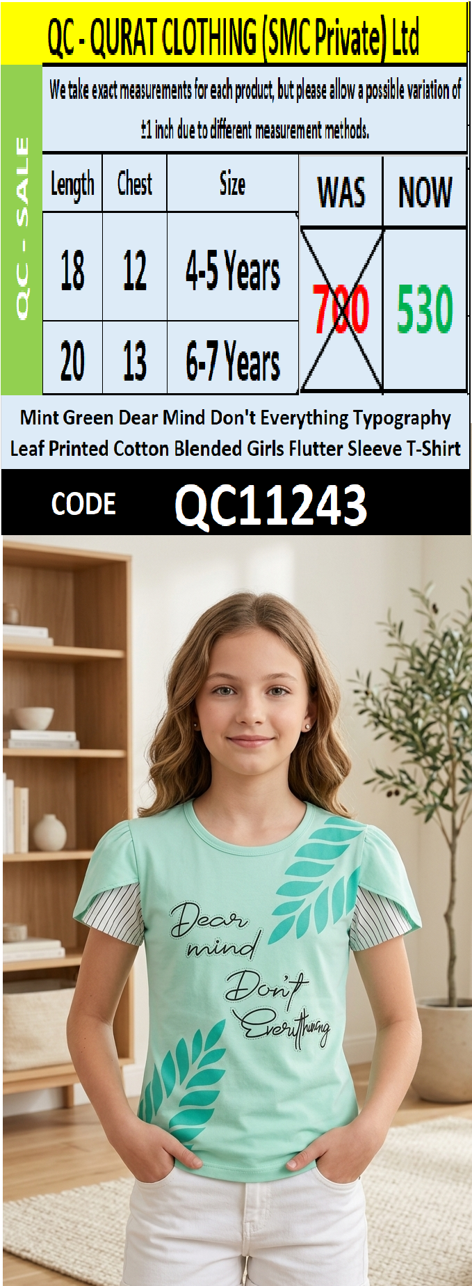 Mint Green Dear Mind Don't Everything Typography Leaf Printed Cotton Blended Girls Flutter Sleeve T-Shirt QC11243