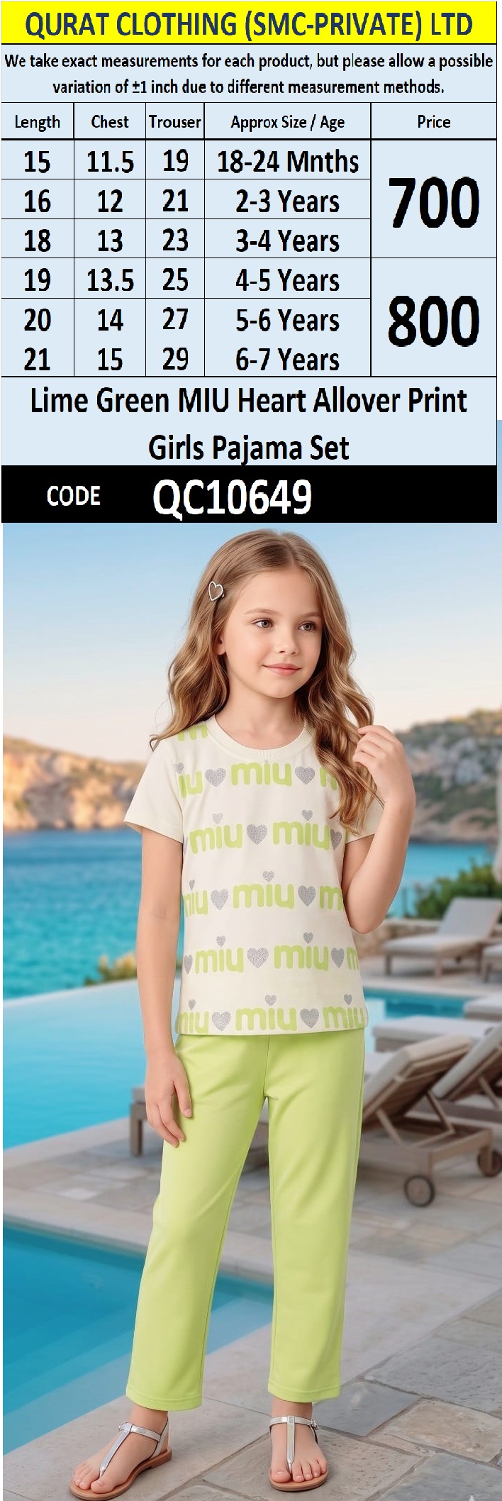 Lime Green MIU Heart Allover Print Girls Pajama Set QC10649