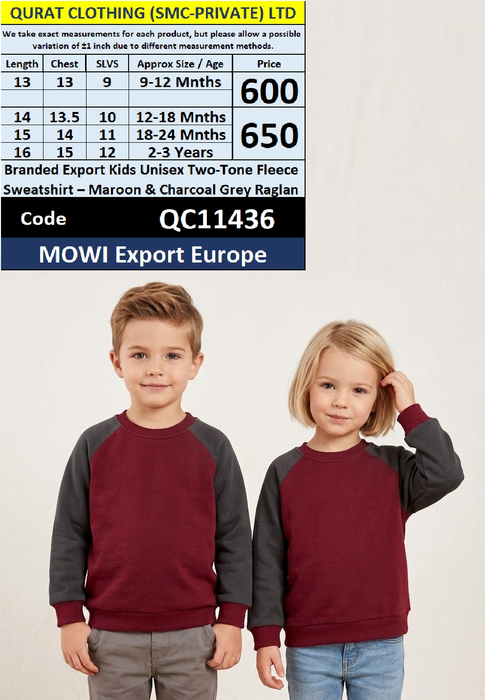MOWI Export Europe Branded Kids Unisex Two-Tone Fleece Sweatshirt – Maroon & Charcoal Grey Raglan – QC11436